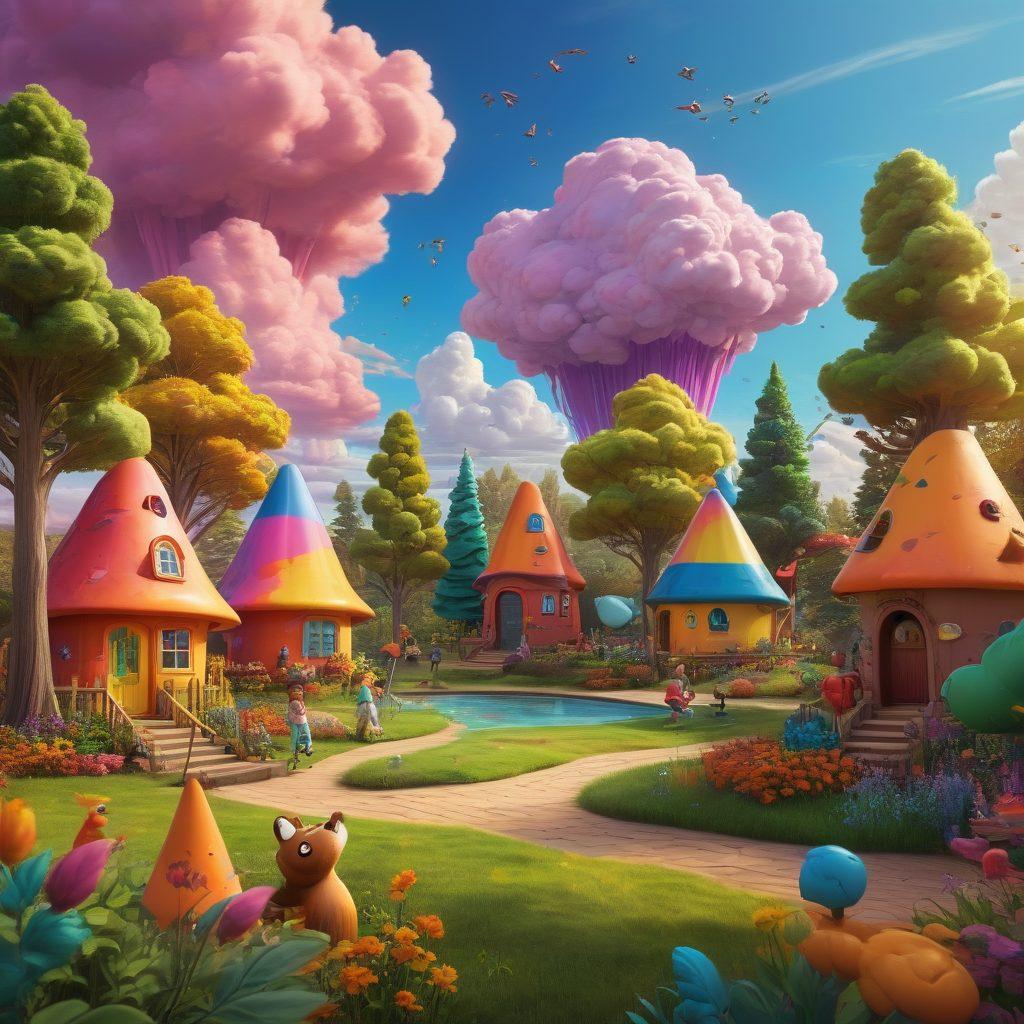 A colorful scene depicting a whimsical cartoon landscape filled with playful characters engaging in interactive activities, like painting and storytelling. Scattered throughout are imaginative props like giant crayons and talking animals encouraging creativity. In the background, vibrant trees and clouds shaped like whimsical creatures enhance the sense of wonder. The overall atmosphere should feel inviting and joyful, perfect for sparking kids' imaginations. cartoon style. vibrant colors. playful elements.