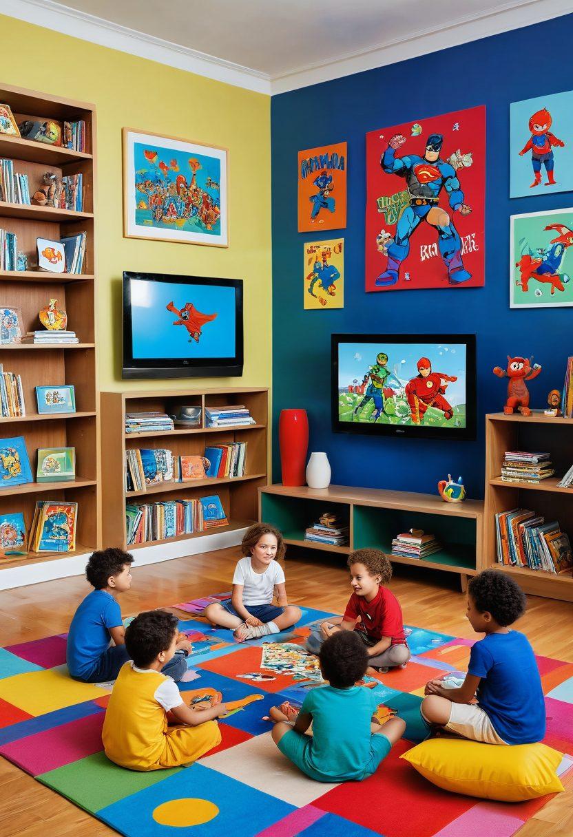 An engaging scene featuring children sitting cross-legged in front of a colorful TV, with various classic and modern cartoon characters like superheroes and animals dancing around them. The room is filled with educational posters and books, blending fun with learning. Bright and cheerful colors dominate the scene, creating a playful atmosphere. Include elements of interactive learning like puzzles and art supplies scattered around. cartoon-style illustration. vibrant colors. dynamic composition.