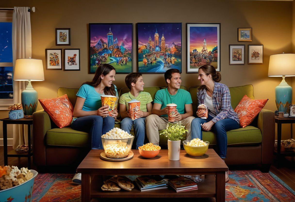 A colorful and whimsical scene featuring a family gathered around a large screen, watching an animated adventure film together. Include a variety of animated characters emerging from the screen, showcasing excitement and engagement. Surround them with a cozy living room filled with snacks, plush toys, and vibrant decor. Capture the joy and bonding moments of family entertainment vividly. cartoon style. vibrant colors. playful atmosphere.